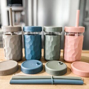 WeeSprout Glass Cups with Lids & Straws | Set of 4 | 12 oz | Spill-Resistant